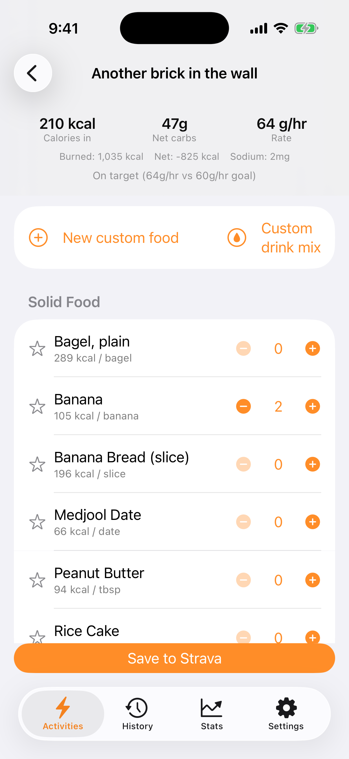 Food logging screen with categorized foods, gels and drinks and quantity steppers