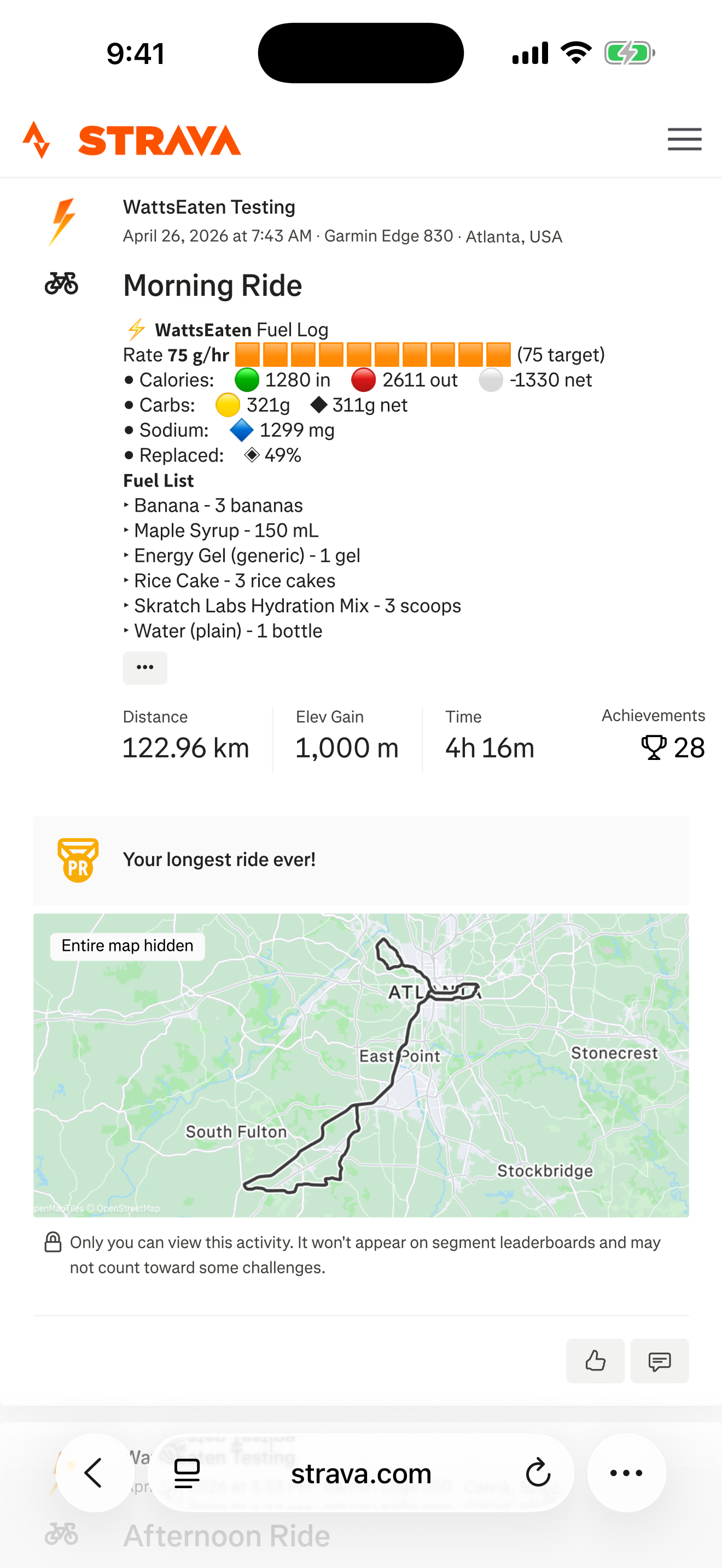 Strava activity description showing the WattsEaten fuel log summary