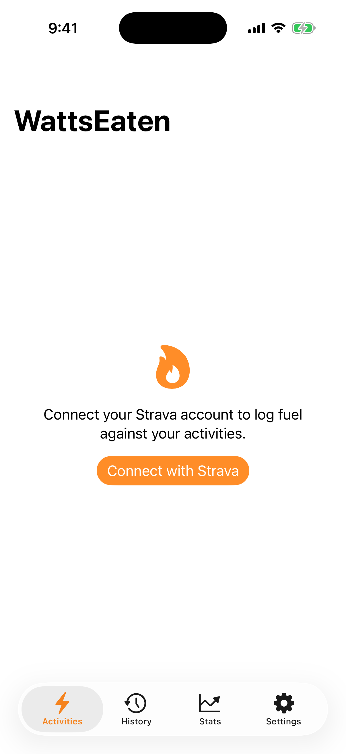 WattsEaten connect screen with the Connect with Strava button