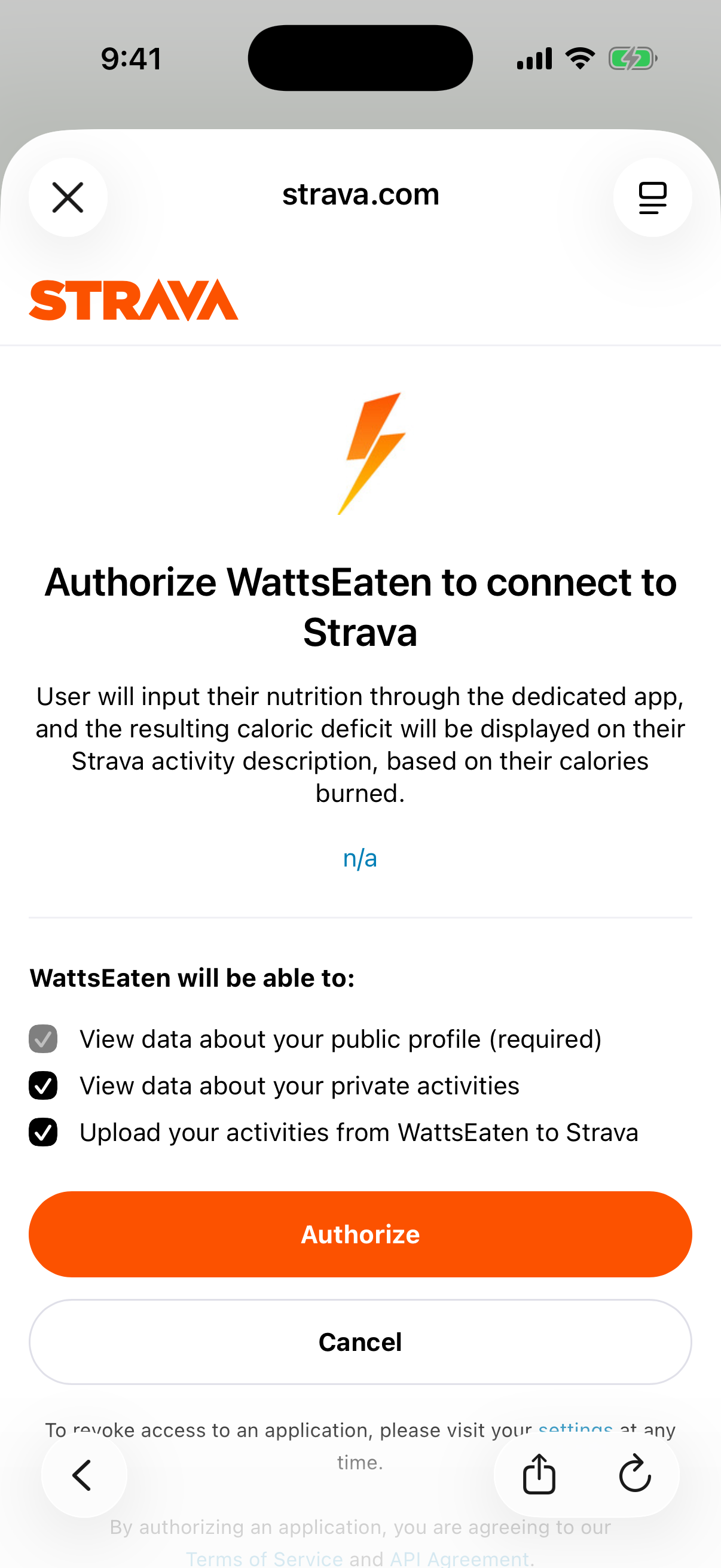 Strava authorization page asking to approve WattsEaten's access