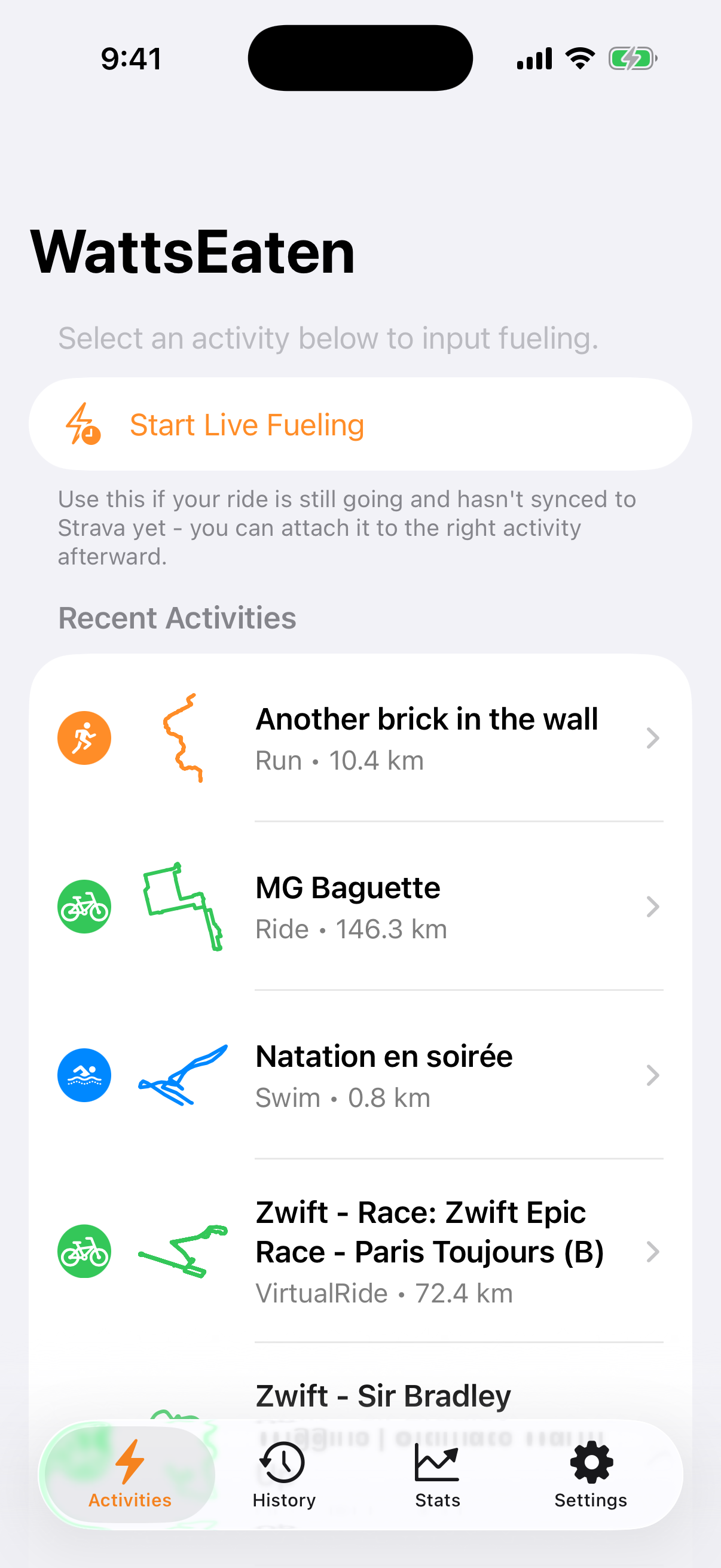 WattsEaten activities list showing recent Strava rides